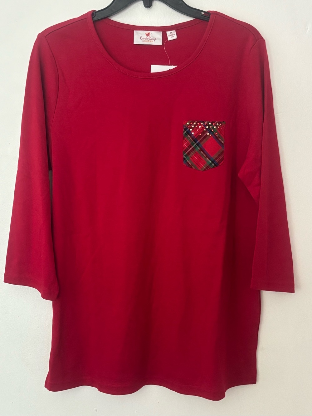 Quacker Factory by Jeanne Bice Red Plaid Rhinestone Pocket Top Size M